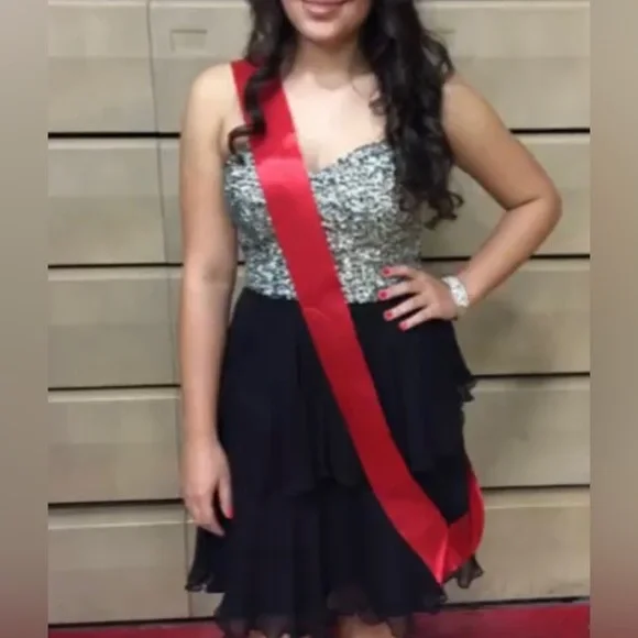 Scala SILK chiffon layered ruffled Black dress with silver beading Short S, 4 - Picture 2 of 10